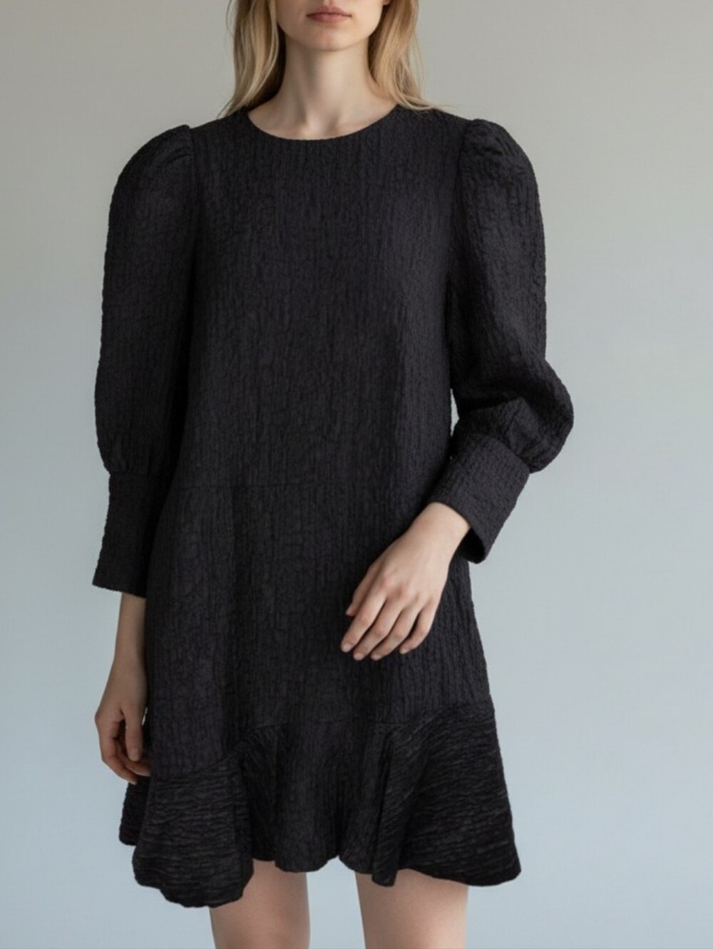 Zara Textured Puff-Sleeve Dress Womens XS Black Babydoll Boho Retro Minimalist